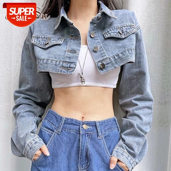 

artsu casual blue jeans cropped jacket women autumn harajuku punk long sleeve smocked coat ladies denim overcoat co50059 #km0v, Black;brown