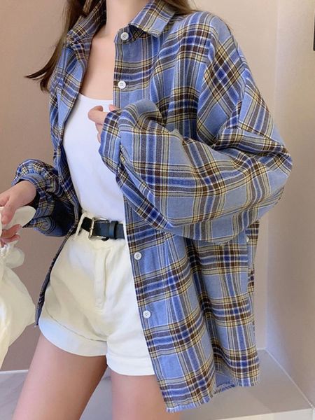 

осень 2020 новый корейский стиль свободный дизайн ниши с длинными рукавами плед рубашку женщин ретро гонконге стиль рубашки куртки, White