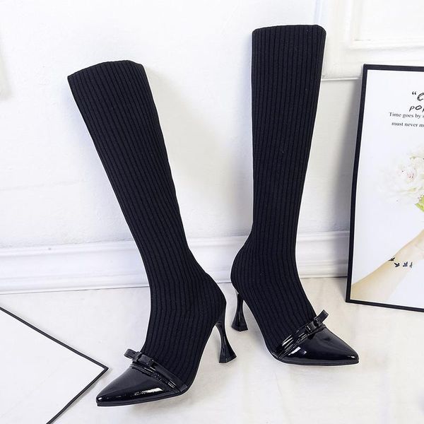 

boots ins women 2021 stretch fabric long sock 8.5cm high heels knitting over the knee winter yarn elastic tall shoes, Black