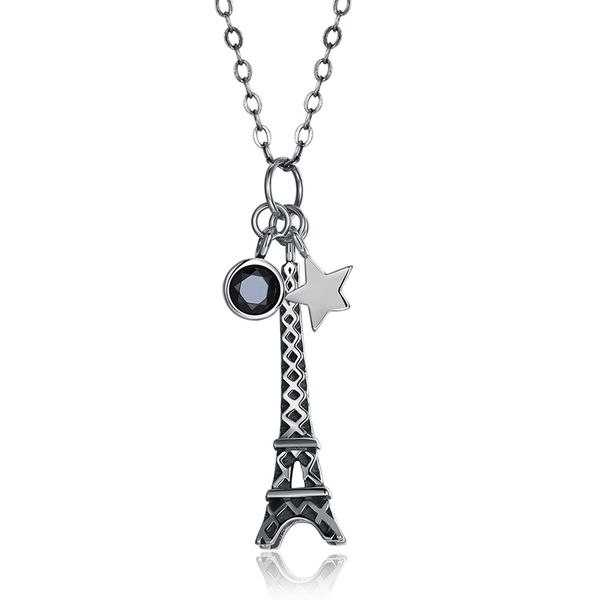 

zemior necklace for women classic 925 sterling silver eiffel tower & star vintage pendant round black cubic zirconia necklace q0531