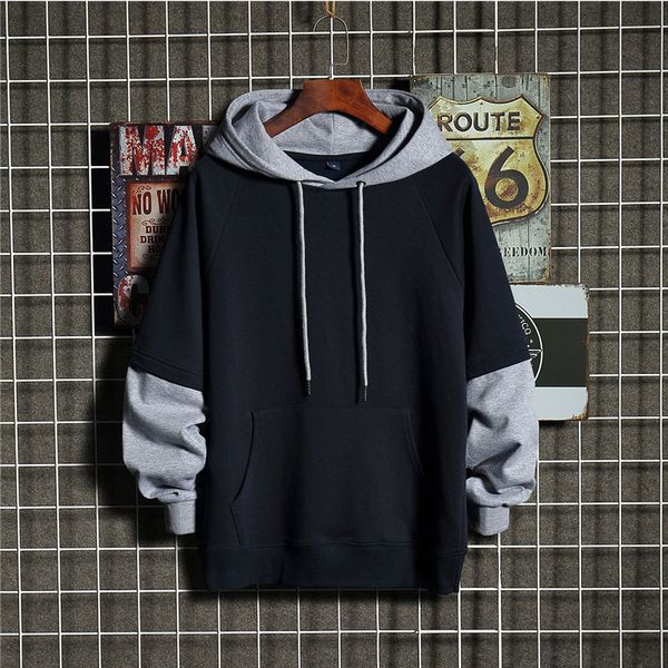 

Hooded sweater custom printed logo loose drop shoulder sleeve trend stitching sleeve long sleeve fake two-piece couple outfit, Black