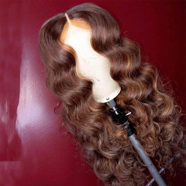 

brown deep wave wig 13x4 lace part wig heighlight blonde for black women with baby hair large cap size, Black;brown
