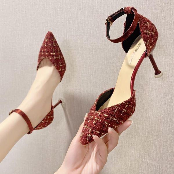 

2021 summer woman sandals plaid costume tweed pumps high heels ankle strap dress shoes women party shoes heels female 7919c, Black