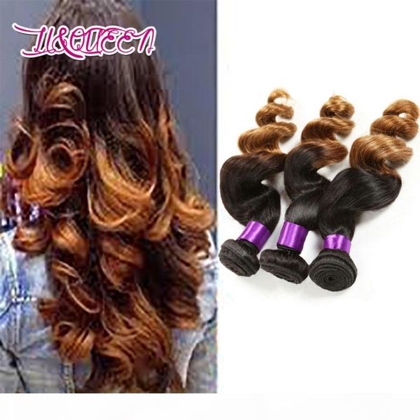 

indian raw virgin hair loose wave ombre human hair 1b 30 loose wave mink 3pieces lot hair extensions 1b 30 two tones, Black;brown