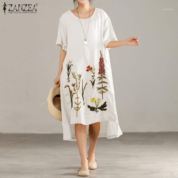 

5xl high low vestido cotton linen dresses casual embroidery sundress zanzea summer women elegant short sleeve knee length dress1, Black;gray