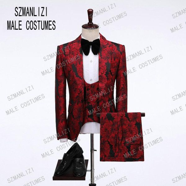 

2021 fashion male clothes red floral 3 pieces costume slim fit formal design promparty suits groom tuxedos for men wedding suits, White;black