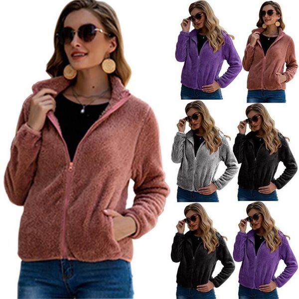 

solid color slim lapel neck thick coats autumn winter casual sports coat for women fleece womens jackets, Black;brown