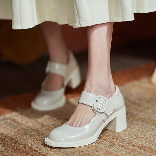 

2020 new black-white spring high-heel pumps fashion genuine leather platform women's toe round foot mary jane shoes zfea