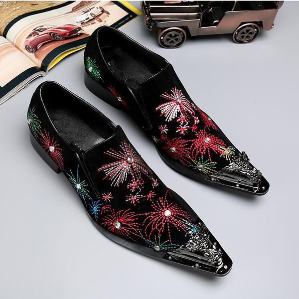 

leather formal business oxfords shoes men's flats for party fashion fireworks pattern pointed toe rivets studded shoes men, Black