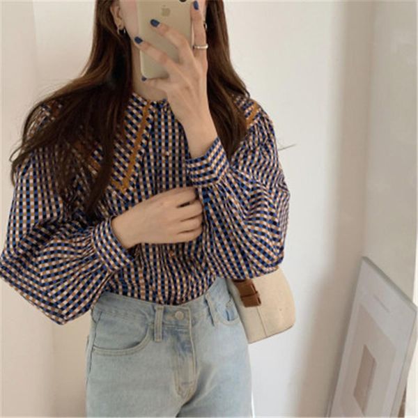

women's blouses & shirts retro lapel colorful plaid cropped women autumn korean sweet casual loose all-matching short female, White