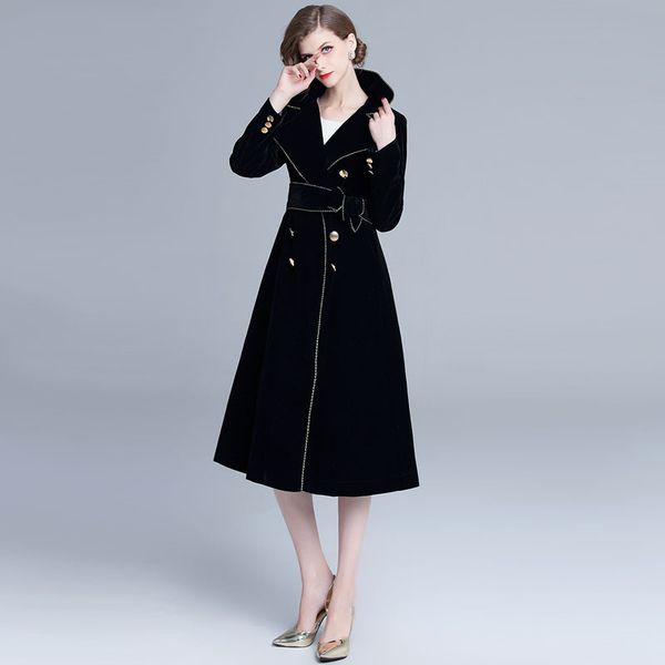 

women velvet coat 2019 long velvet coats modern lady trench coat black long sleeve belted winter jacketx1020