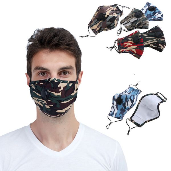 

2020 designer face adults washable comfortable anti smog camouflage mask pm2.5 sun protection breathing valve cotton