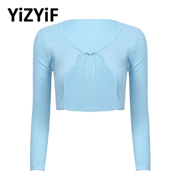 

women's knits & tees women lace-up front long sleeve knitted crop short blouse female clubwear autumn casual solid color sweater c, White