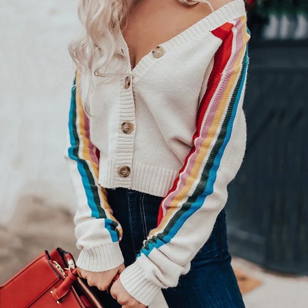 

l69ks 2020 new sweet stripe casual t-shirt v-neck sweatert-shirt women sweaterthin slim cardigan sweater for 8julq, White;black