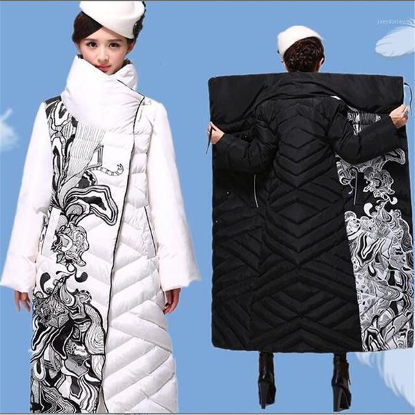 

2018 parka new winter long coat women ethnic fashion x-long outerwear thick floral print duck down coat women 5061, Black
