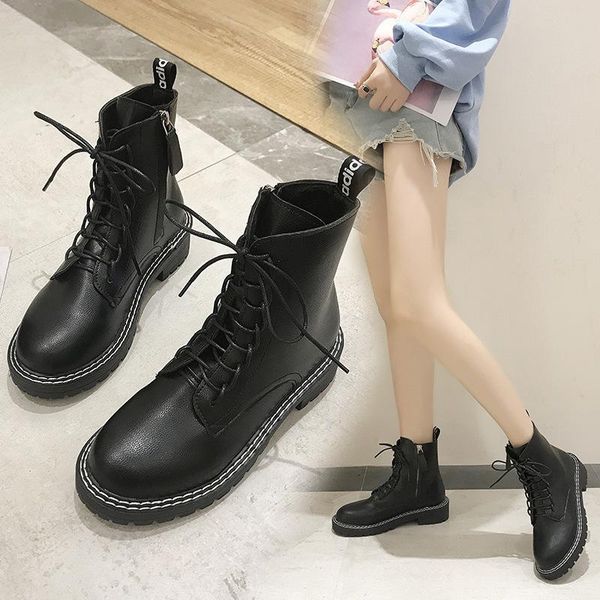 

women's boots autumn lace up shoes round toe booties ladies luxury designer boots-women ankle black rubber lolita fashion rock