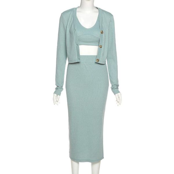 

3 pieces knitted set women clothing new 2021 spring simple fashion elastic high waist midi skirt sets elegant soft comfortable, Gray