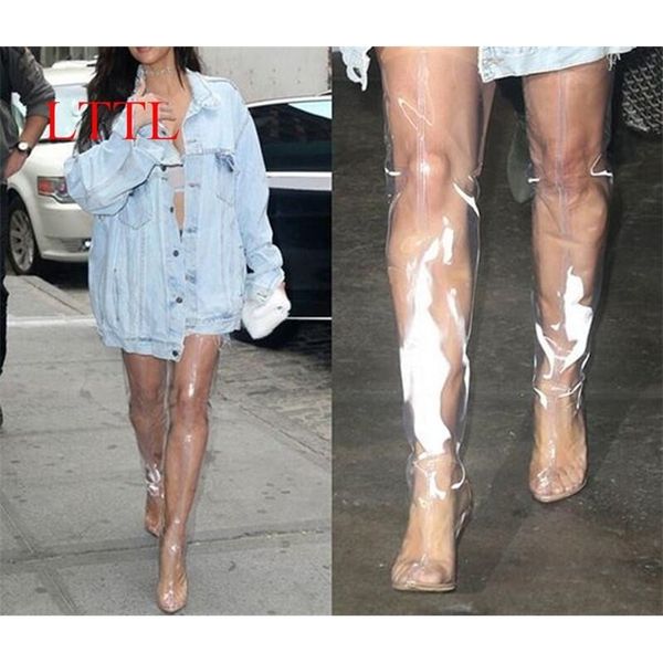 

lttl 2017 clear pvc transparent pointed toe women boots perspex high heels thigh high boots celebrity shoes t200425, Black