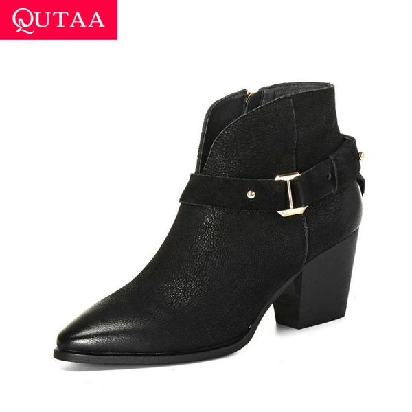

qutaa 2021 pointed toe autumn winter ladies pumps cow leather zipper quality women shoes square high heel ankle boots size 34-42, Black