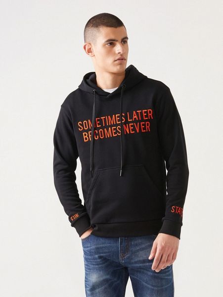 

men slogan embroidered drawstring hoodie z6c4#, Black