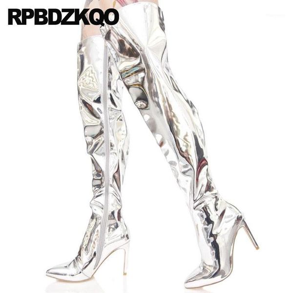 

metallic big size dance stiletto 12 44 high heel thigh boots for plus women shoes 10 pointed toe silver crotch designer luxury1, Black