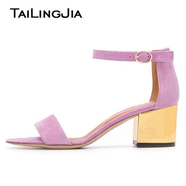 

ankle strap block heel summer sandals 2020 for women party footwear purple faux suede mid chunky heel ladies large size shoes, Black