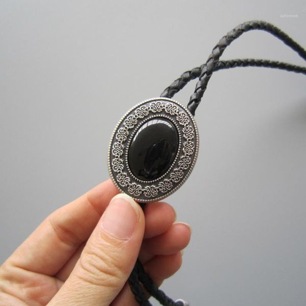 

original silver plated small size vintage black obsidian stone oval bolo tie leather necklace also stock in us bolotie-009sl1, Blue;purple