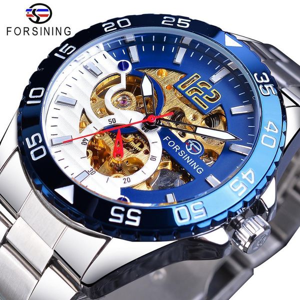 

forsining mechanical mens watch brand luxury automatic man watch stainless steel skeleton blue dial waterproof casual clock y1214, Slivery;brown