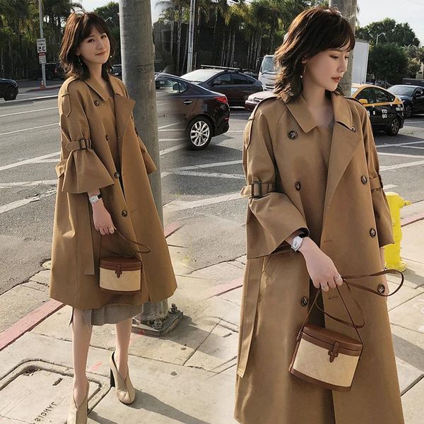 

women's trench coats windbreaker jacket female long section double-breasted fashion large size elegant temperament coat autumn and wint, Tan;black