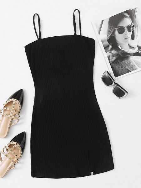 

rib-knit split hem dress v3tt#, Black;gray