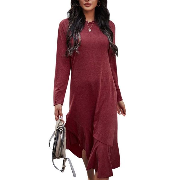 

fashion elastic soft casual dress solid color high waist drape comfortable long sleeve dresses, Black;gray