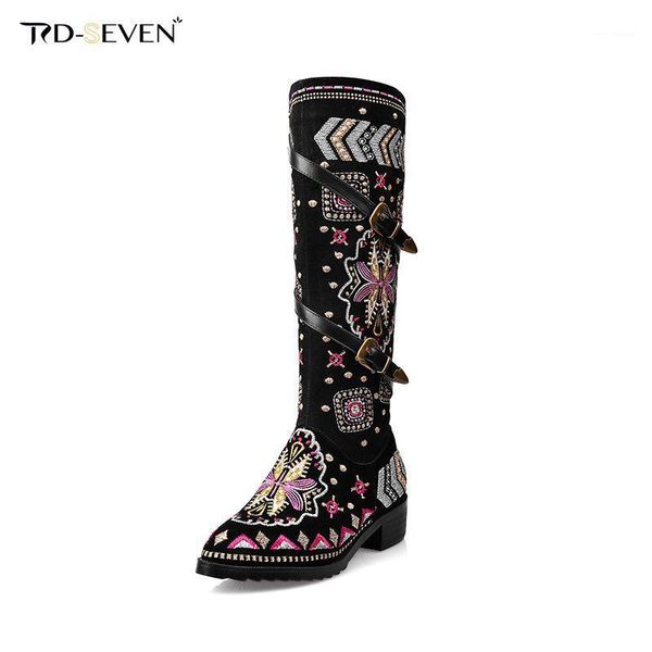 

size 34-42 cowboy boots snow boots women knee-high long fashion knee high nation embroidery mid-calf shoes1, Black