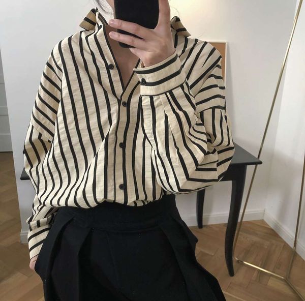 

louvre spring new korean stripe shirt lapel loose lazy cotton female, White