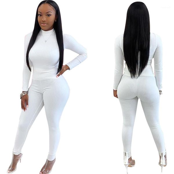 

piece clothing high neck long sleeve high waist pants ladies skinny two piece sets womens knitted two, White
