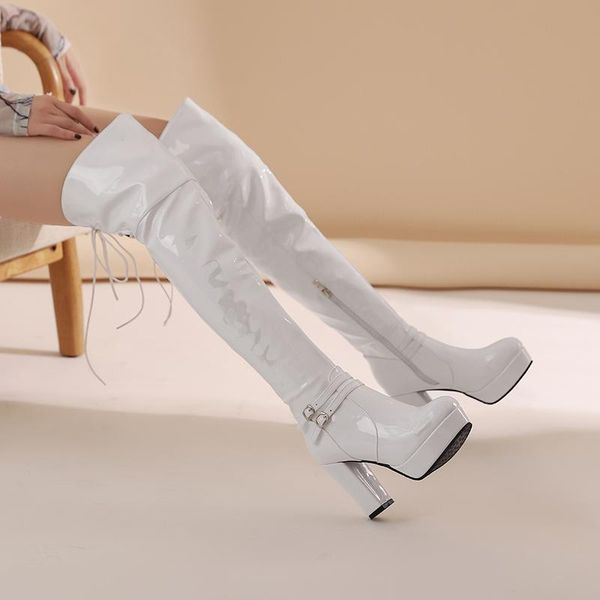 

women platform over the knee boots high heels red patent leather long boots woman 2020 winter black shoes