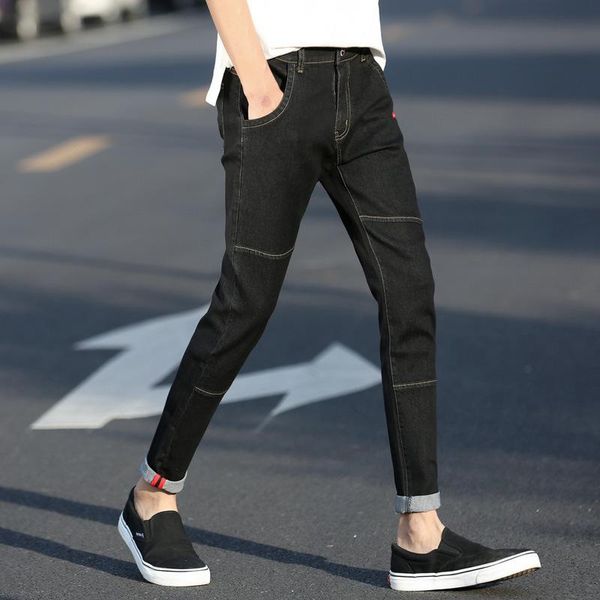 

ropa de hombre 2020 new men's jeans solid color stretch men's feet pants youth slim casual korean version of 9 points pants, Blue
