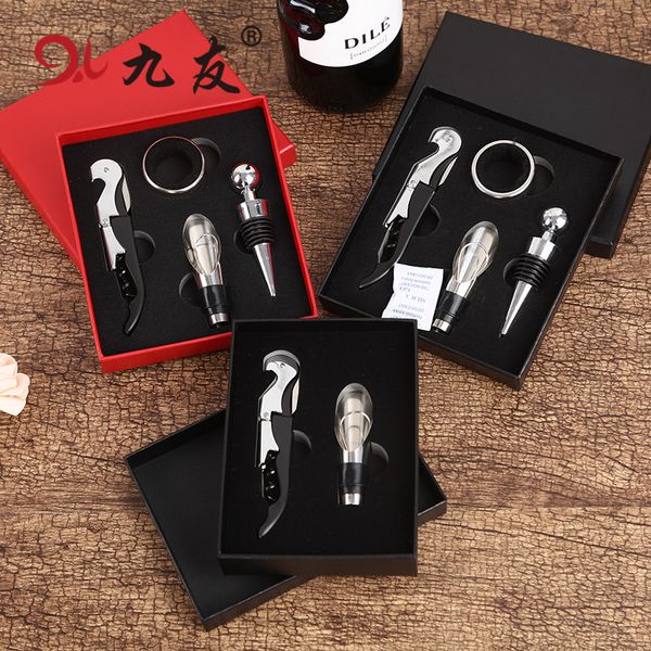 

jiuyou wine set wine bottle opener kit hippocampus knife bottle opener wine container stainless steel 4-piece hand gift box