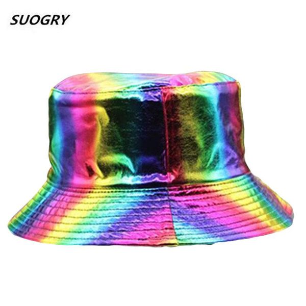 

suogry new fashion summer hip hop cap women men silver color shiny metallic laser leather panama fisherman hat bucket hats