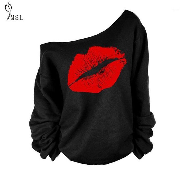 

wholesale- 40%625 mouth lips pattern autumn winter long sleeve women o-neck hoodies sweatshirts pullover print casual cotton loose1, Black