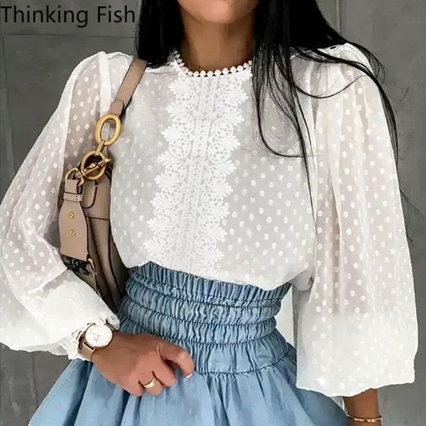

women lace blouses embossing spliced ear chiffon shirt lantern sleeve casual ruffles lace blouse women shirts blusass004, White
