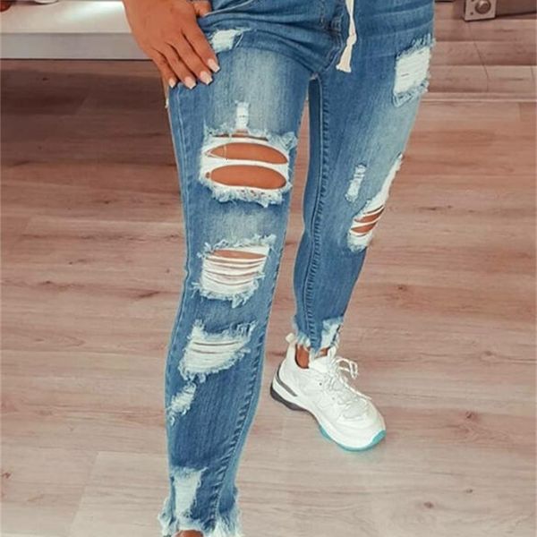 

high elastic band waist hole small leg jeans, Blue