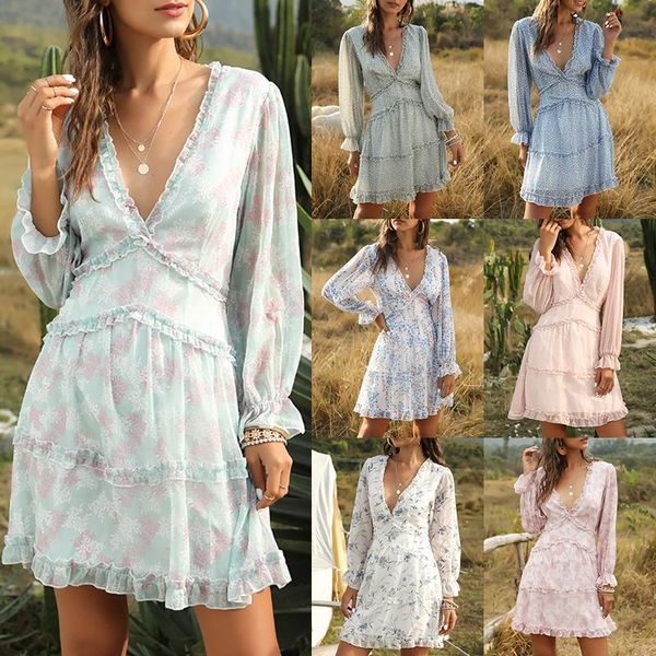 

spring women chiffon dress deep v-neck lantern sleeve floral print ruffle mini dress backless patchwork beach party dresses, Black;gray