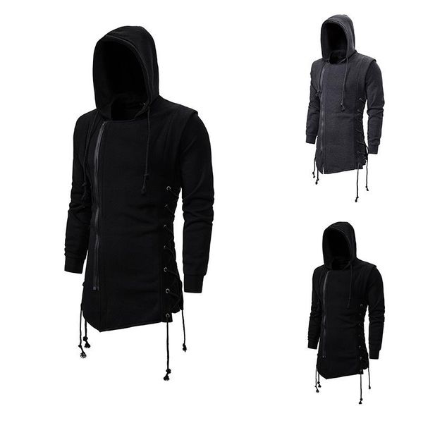 

men's hoodies & sweatshirts hooded loose coat zipper hoodie with side lashing crossed black dark grey men 2021
