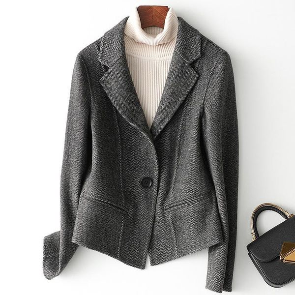 

women's wool & blends women tweed double faced fitted autumn winter short blazer coat single button1, Black