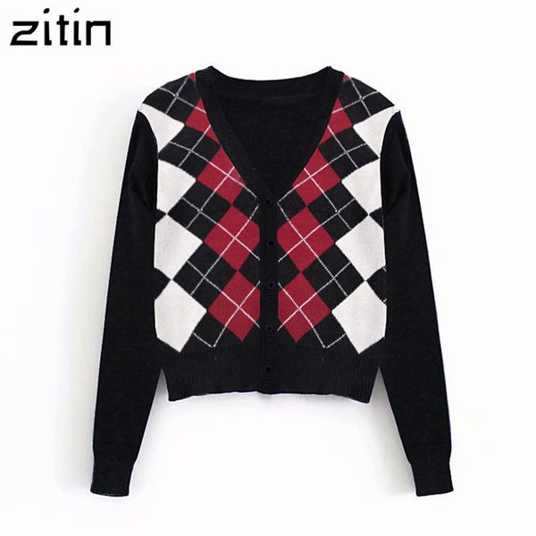 

vintage stylish geometric rhombic cardigan sweater women 2020 fashion autumn warm long sleeve outerwear chic sueter mujer lj201126, White;black