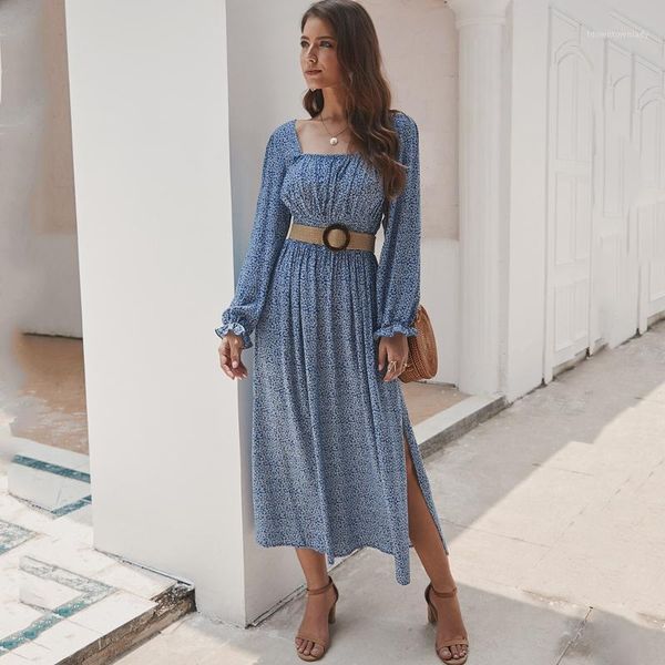 

casual dresses zity 2021 autumn ladies floret print long dress women square collar sleeve elastic waist side opening dress1, Black;gray