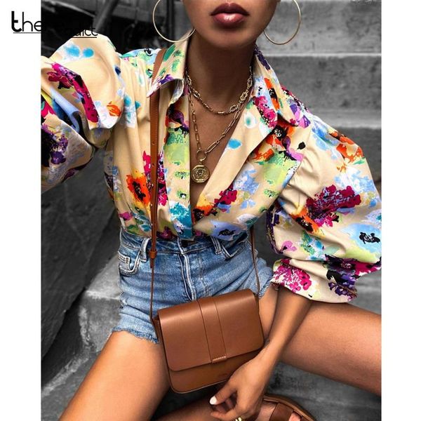 

thereadict floral print t-shirt women casual stand collar puff sleeves buttons down autumn streetwear female shirts 2020, White