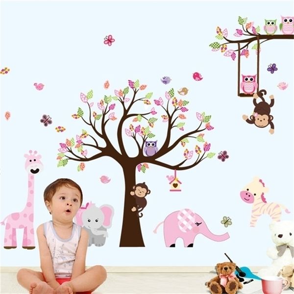Последние XXL мультфильм животных зоопарка сова бабочка обезьяна наклейки на стены для детей комнаты домашнего декора красочные дерево наклейки на стену 201202