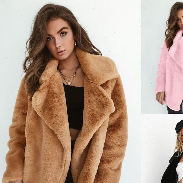 

2021 women winter plush coat soft women fur jackets turn down collar warm outwear casual female pink black brown coats