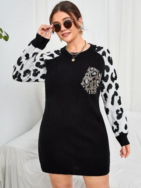 

plus leopard pattern contrast sequins raglan sleeve sweater dress y5no#, Black